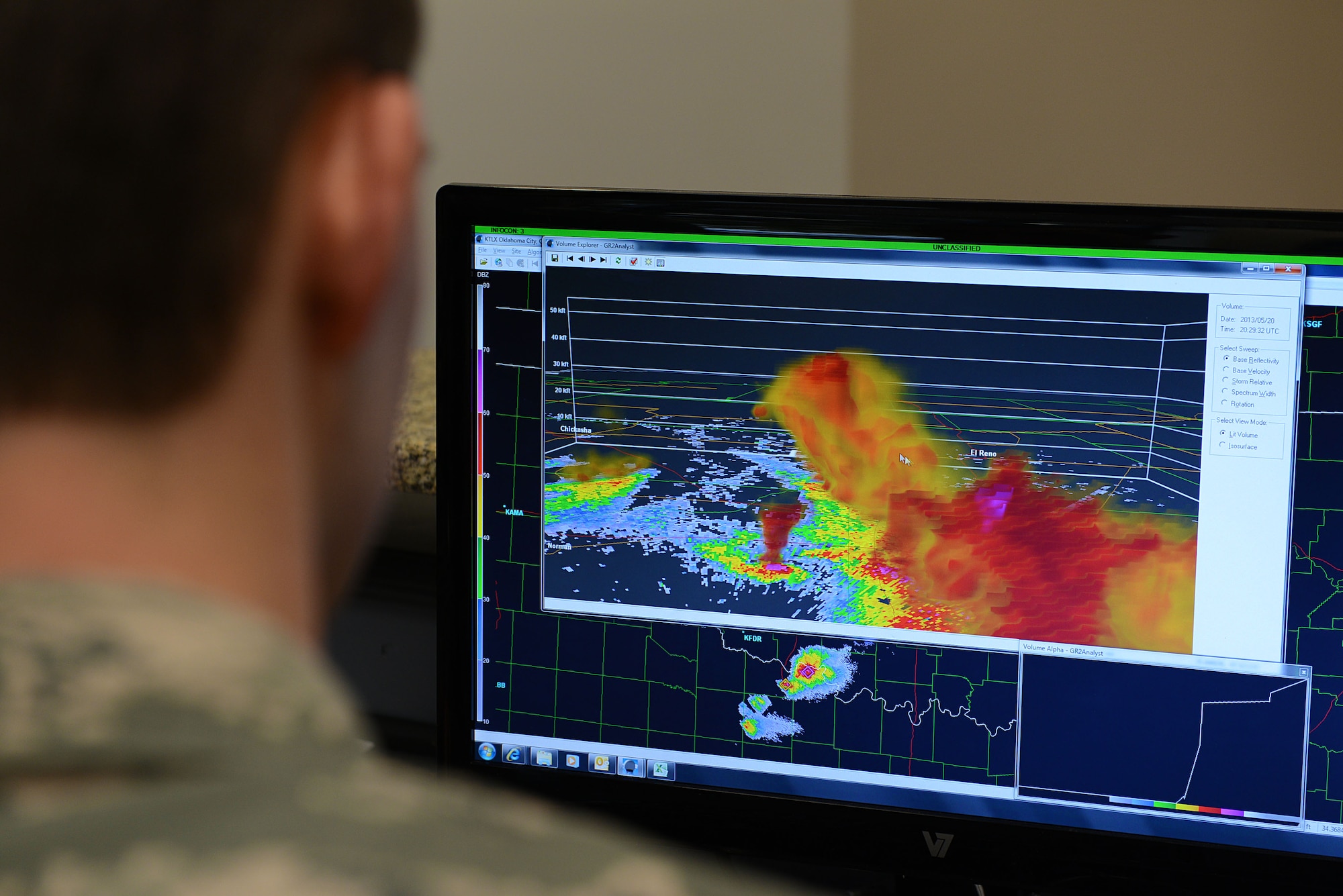 U.S. Air Force 1st Lt. Grant Talkington, 20th Fighter Wing weather officer, trains on Gibson Ridge radar software at Shaw Air Force Base, S.C. March 5, 2014. Talkington along with 12 weather flight Airmen have been preparing for an upcoming severe weather season by training on the new radar software which gives them 3D viewing capabilities. (U.S. Air Force photo by Airman 1st Class Jensen Stidham/Released)

