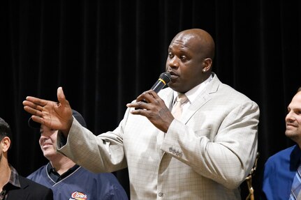 Shaquille O’Neal, former student at Robert G. Cole High School and former National Basketball Association star, tells the audience about his experiences with his teammates March 7 during the ceremony to honor him by retiring his number 33 jersey at Joint Base San Antonio-Fort Sam Houston. O’Neal and his teammates won the 1989 State 3A Basketball Championship and was also honored March 8 during the Texas State Basketball finals in Austin, Texas. (U.S. Air Force photo by Dan J. Solis)