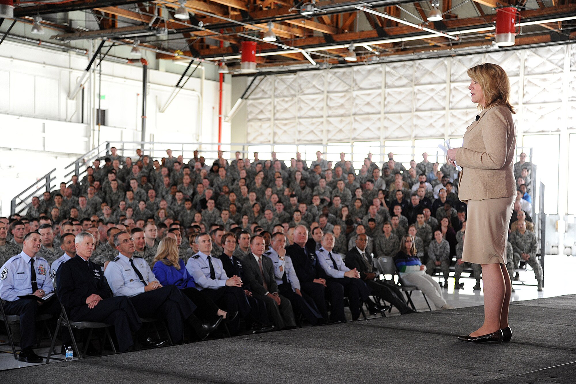 PETERSON AIR FORCE BASE, Colo. -- Secretary of the Air Force Deborah Lee James speaks to Team Pete personnel during an all-call here March 6. James said she was very impressed during her visit to organizations throughout the base. (U.S. Air Force photo/Rob Bussard)