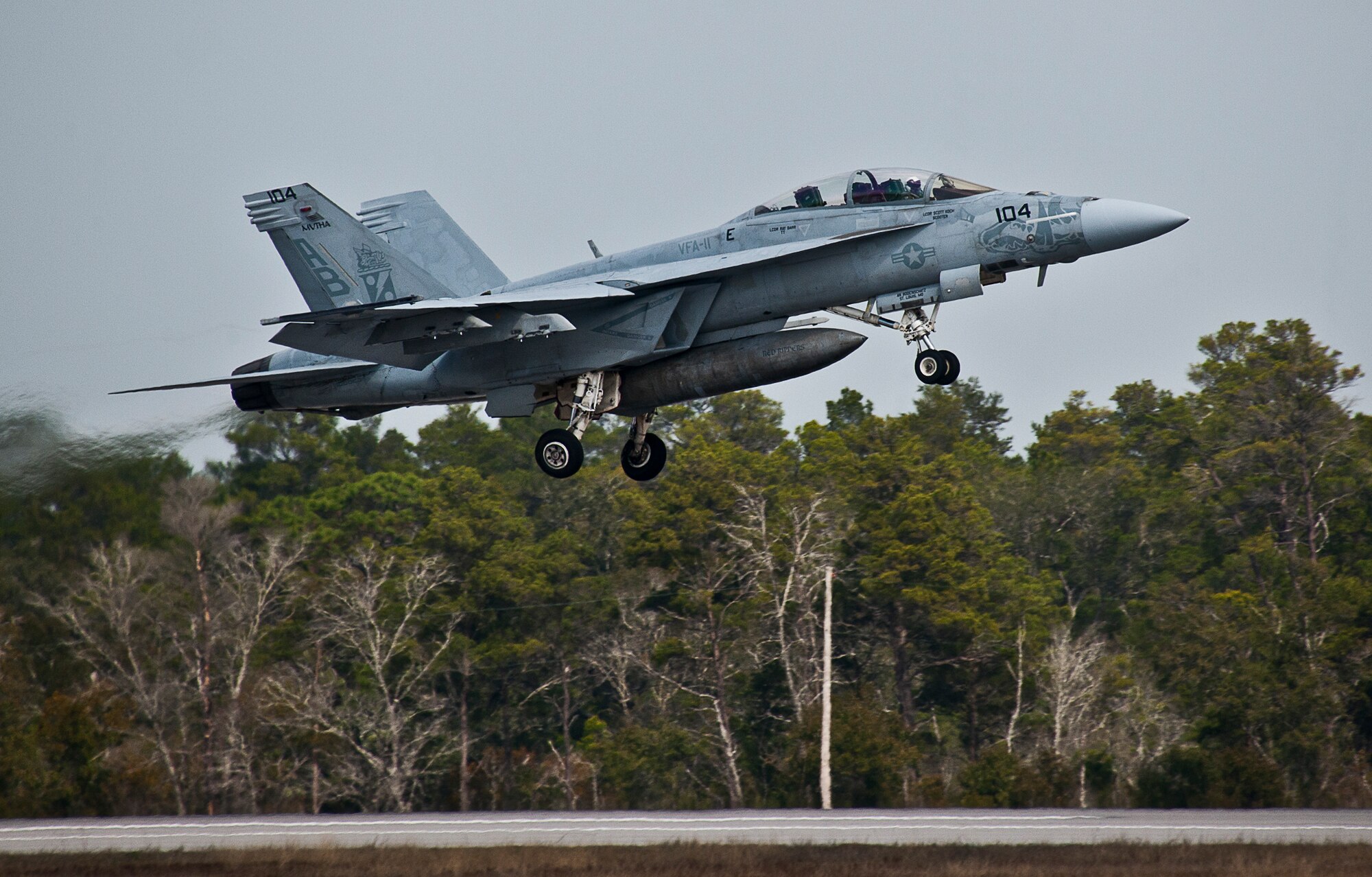 A Marine F/A-18 Hornet takes off for a sortie at Eglin Air Force Base, Fla.  (U.S. Air Force photo/Samuel King Jr.)