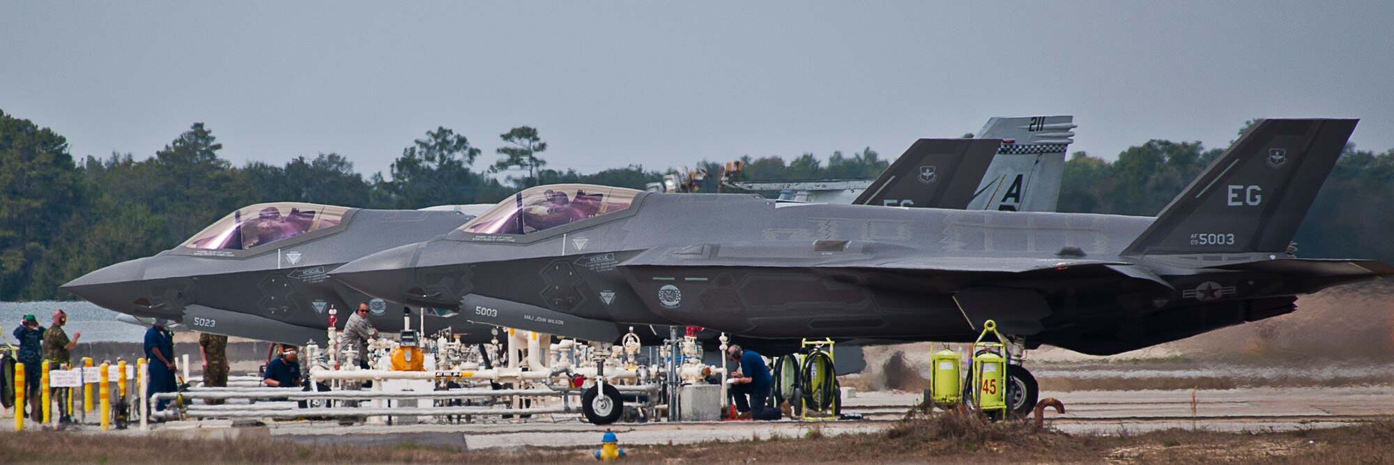 A 33rd Fighter Wing pilot brings in an F-35A Lightning II for refueling after a sortie at Eglin Air Force Base, Fla.  (U.S. Air Force photo/Samuel King Jr.)