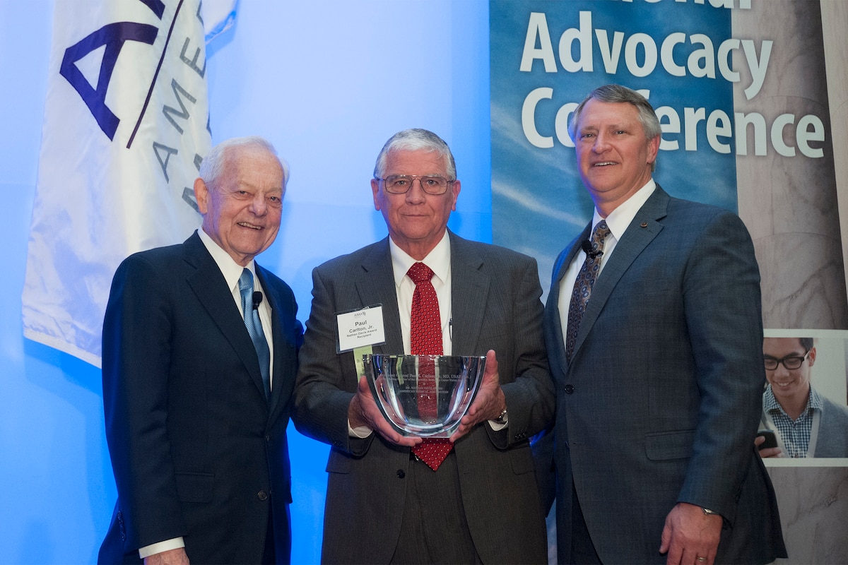 The American Medical Association (AMA) today presented retired Lt. Gen. Paul K. Carlton, Jr., M.D., former Surgeon General of the United State Air Force, the Dr. Nathan Davis Award for Outstanding Government Service. Dr. Carlton was selected for the AMA's top government service award for his contribution to improving military trauma care and survival rates for injured members of the Armed Forces.(courtesy photo)