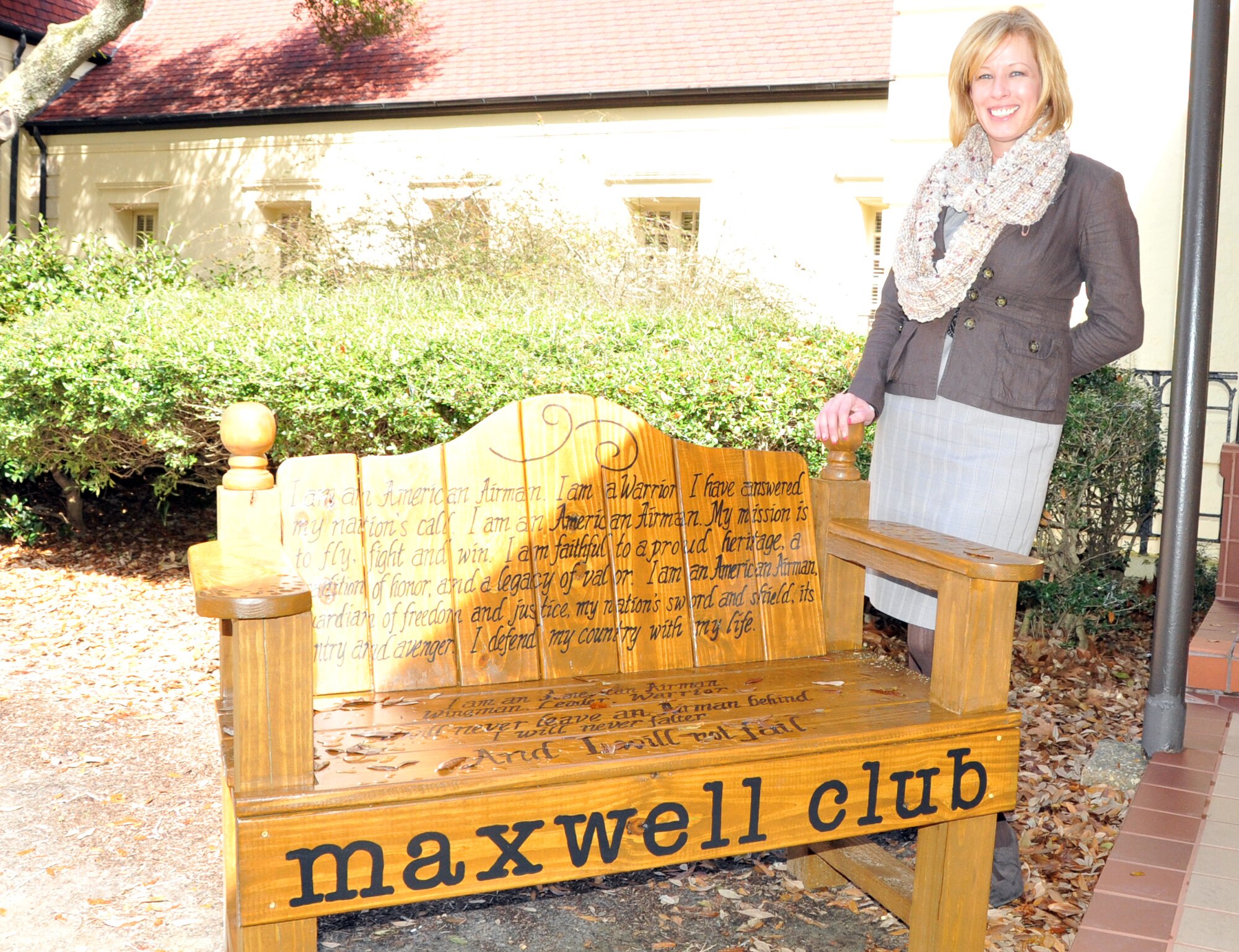 Among their many projects, Rachel Napier, Maxwell Club manager and her
friend Pam Wickham from Columbus Air Force Base, Miss., built the bench that
sits outside the entrance to the Maxwell Club, complete with the
hand-painted Airman's Creed. (U.S. Air Force photo by Phil Berube)