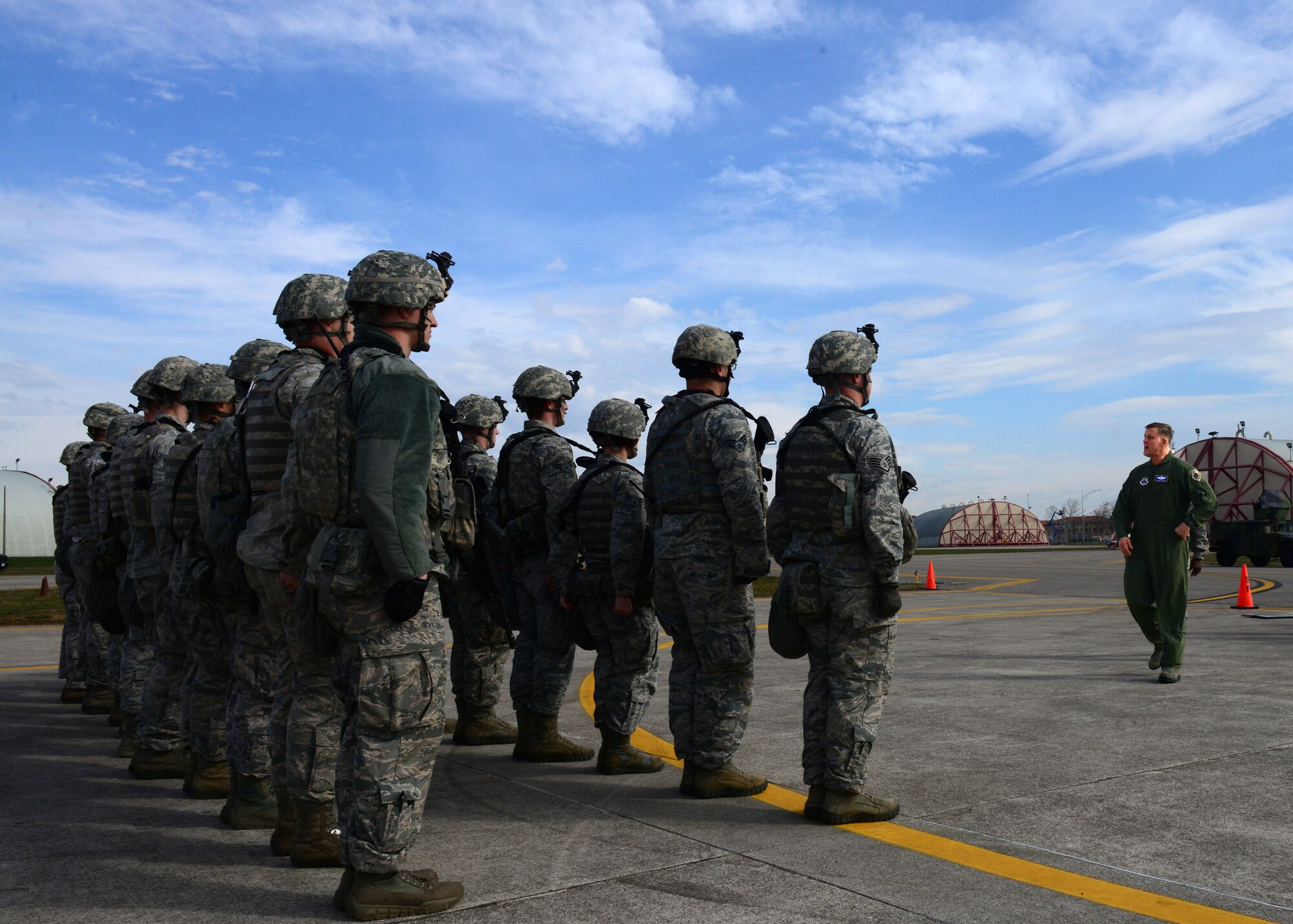 Gen. Frank Gorenc, U.S. Air Forces in Europe, Air Forces Africa commander, talks to 31st Security Forces Squadron Airmen, March 5, 2014, at Aviano Air Base, Italy. During the visit, Gorenc met with base officials as well as various Airmen and civilians to answer questions and share thoughts on current programs and initiatives. (U.S. Air Force photo/Airman 1st Class Ryan Conroy)