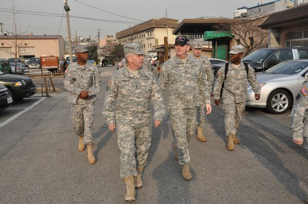 Maj. Gen. Todd T. Semonite, U.S. Army Corps of Engineers deputy commanding general and deputy chief of engineers, tours the Far East District headquarters compound March 4.