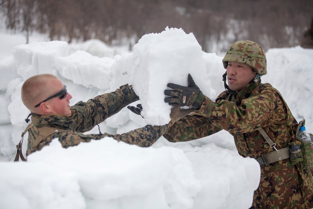 U.S. Marine Lance Cpl. Bryan S. Miller, left, passes on a block of ice to Japan Ground Self-Defense Force Sgt. Tsukasa Hirai Feb. 27 at Sekiyama Training Area, Niigata prefecture, Japan, during exercise Forest Light 14-2. Marines and JGSDF members worked side by side building snow survival shelters after a six-kilometer hike. The bilateral exercise increases the Marines’ cold-weather survival skills. Miller is an infantryman with Company I, 3rd Battalion, 1st Marine Regiment, currently assigned to 4th Marines, 3rd Marine Division, III Marine Expeditionary Force, under the unit deployment program. Hirai is with 2nd Infantry Regiment, 12th Brigade, Eastern Army.