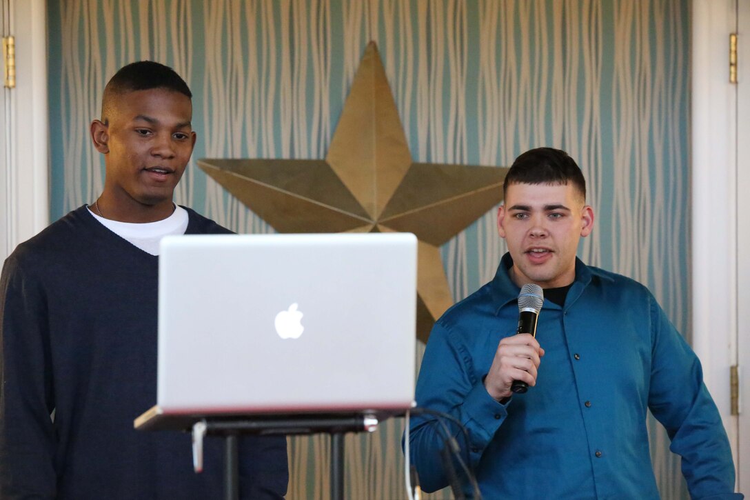 Two Marines sing a song during a karaoke event at the Clubs at Quantico on March 5, 2014. Everyone aboard Marine Corps Base Quantico is invited to participate in the weekly karaoke events held Wednesday evenings at 4:30 p.m. 