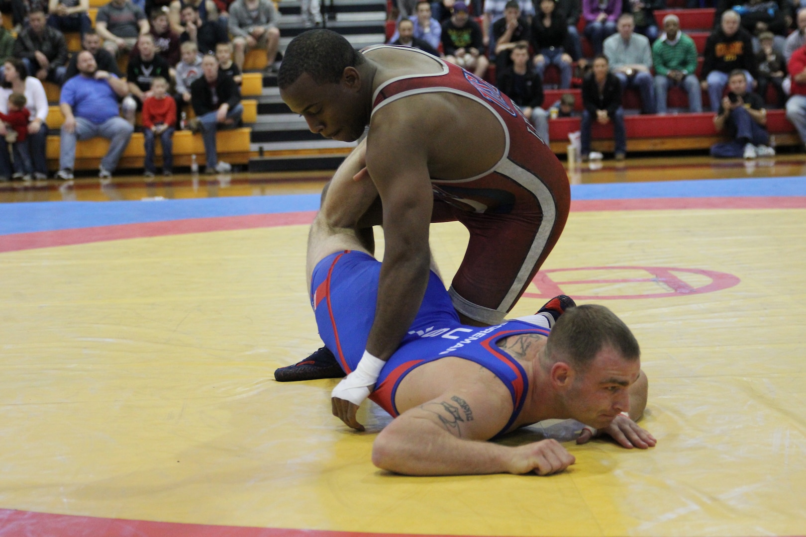 70kg Freestyle match between 2012 Olympian Army SGT Justin Lester (Fort Carson, CO) and Marine Cpl Joseph Forman (Camp Lejeune, NC) for gold.  Lester defeated Forman 12-2 to win Armed Forces gold, with Forman taking silver.  