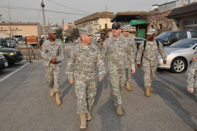 Maj. Gen. Todd T. Semonite, U.S. Army Corps of Engineers deputy commanding general and deputy chief of engineers, tours the Far East District headquarters compound March 4.