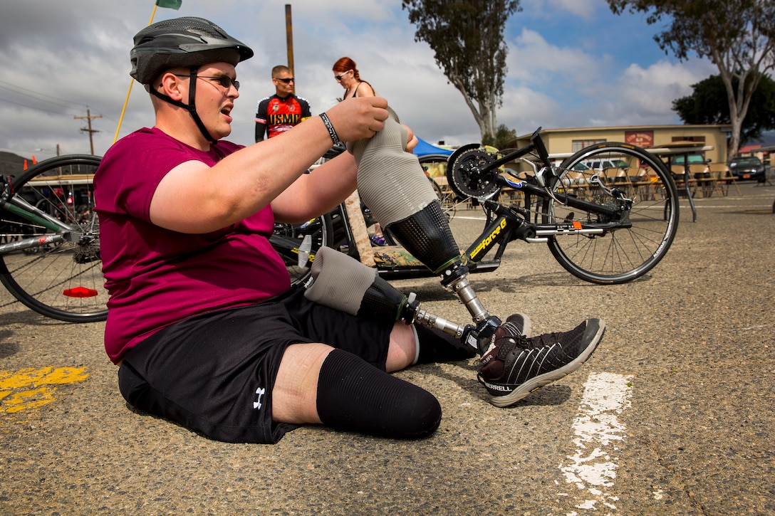Christopher Hancock, from Crossville, Tenn., and Wounded Warrior Battalion East prepares to ride during the 2014 Marine Corps Trials March 7. The Marine Corps Wounded Warrior Regiment enables wounded, ill, or injured Marines to focus on their abilities and to find new avenues to thrive. The fourth annual Marine Corps Trials is being held at Marine Corps Base Camp Pendleton, Calif., March 4-12. Athletes will compete in archery, cycling, shooting, swimming, track, field, sitting volleyball, and wheelchair basketball. 