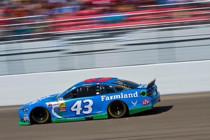 The #43 car, driven by Aric Almirola, races around the Las Vegas Motor Speedway during the Kobalt 400 NASCAR race March 9, 2014, in Las Vegas. Almirola finished the race in 25th place. (U.S. Air Force photo by Senior Airman Christopher Tam)
