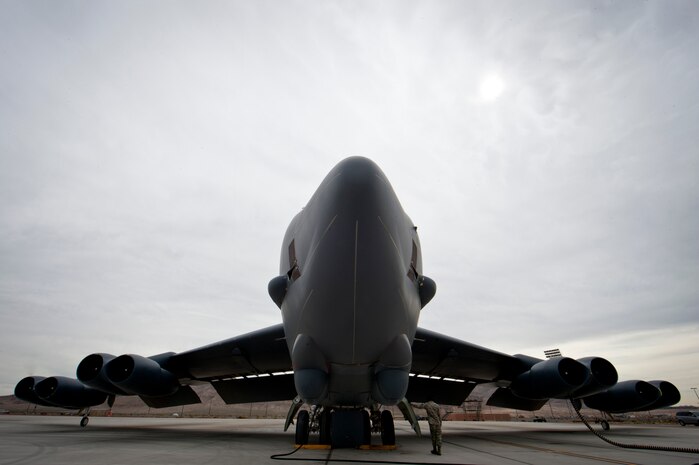 A U.S. Air Force B-52 Stratofortress assigned to the 96th Bomb Squadron from Barksdale Air Force Base, La. is prepped for a Red Flag 14-2 training mission March 6, 2014, at Nellis AFB, Nev.  The B-52 made its first flight more than 50 years ago, and is still conducting operations on today’s battlefield. The Stratofortress brings long range and high altitude capabilities to Red Flag and real-world operations. (U.S. Air Force photo by Airman 1st Class Thomas Spangler)