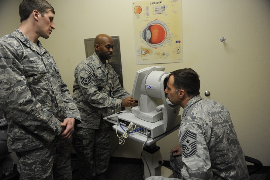 The Health Promotions Flight is part of the 5th Medical Operations Squadron and is comprised of 3 preventative health services: the Health and Wellness Center (HAWC), the Aerospace & Operational Physiology Team (AOPT), and the Optometry Clinic. The HAWC provides all Tricare beneficiaries with resources, health education, and preventative health consultation services in exercise, diet & nutrition, and tobacco cessation. AOPT integrates human factors education for aircrew, missile operations and support personnel in topics such as altitude threats, fatigue management, and situational awareness into a variety of training and operations venues across the installation. Optometry Clinic facilitates all eye care services such as the aircrew contact lens, the Night Vision Goggle, refractive surgery, gas mask insert programs providing over 2,400 eye exams annually for 5,000 active duty personnel. (U.S. Air Force photo/ Airman 1st Class Lauren Pitts)