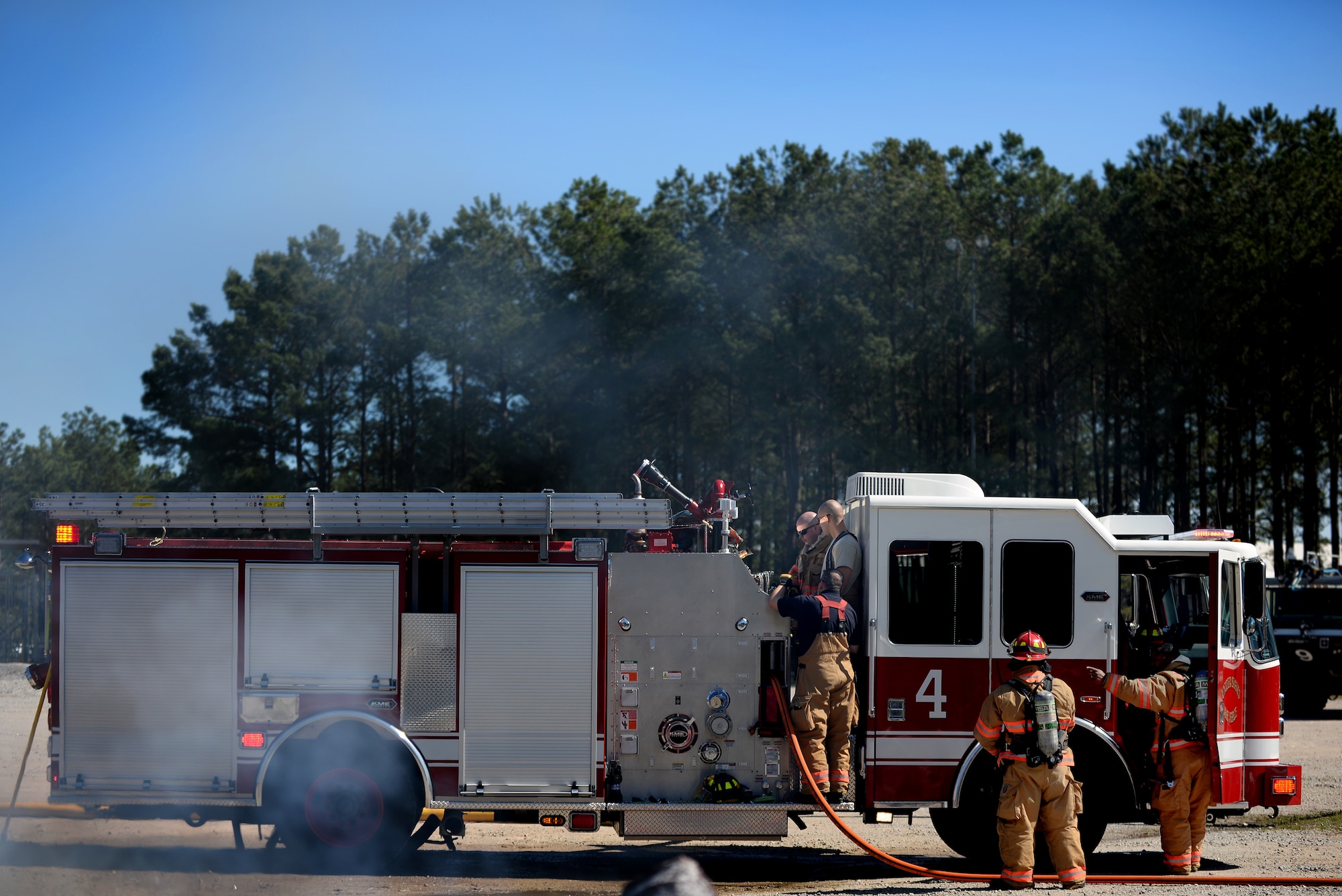 The 20th Civil Engineer Squadron Fire Department received a new fire truck of February 2014 that has the capabilities of using the departments new compressed air foam system, Shaw Air Force Base, S.C., March 10, 2014. The fire department spent two days learning the capabilities and usage of the CAF system. (U.S. Air Force photo by Airman 1st Class Michael A. Cossaboom/Released) 
