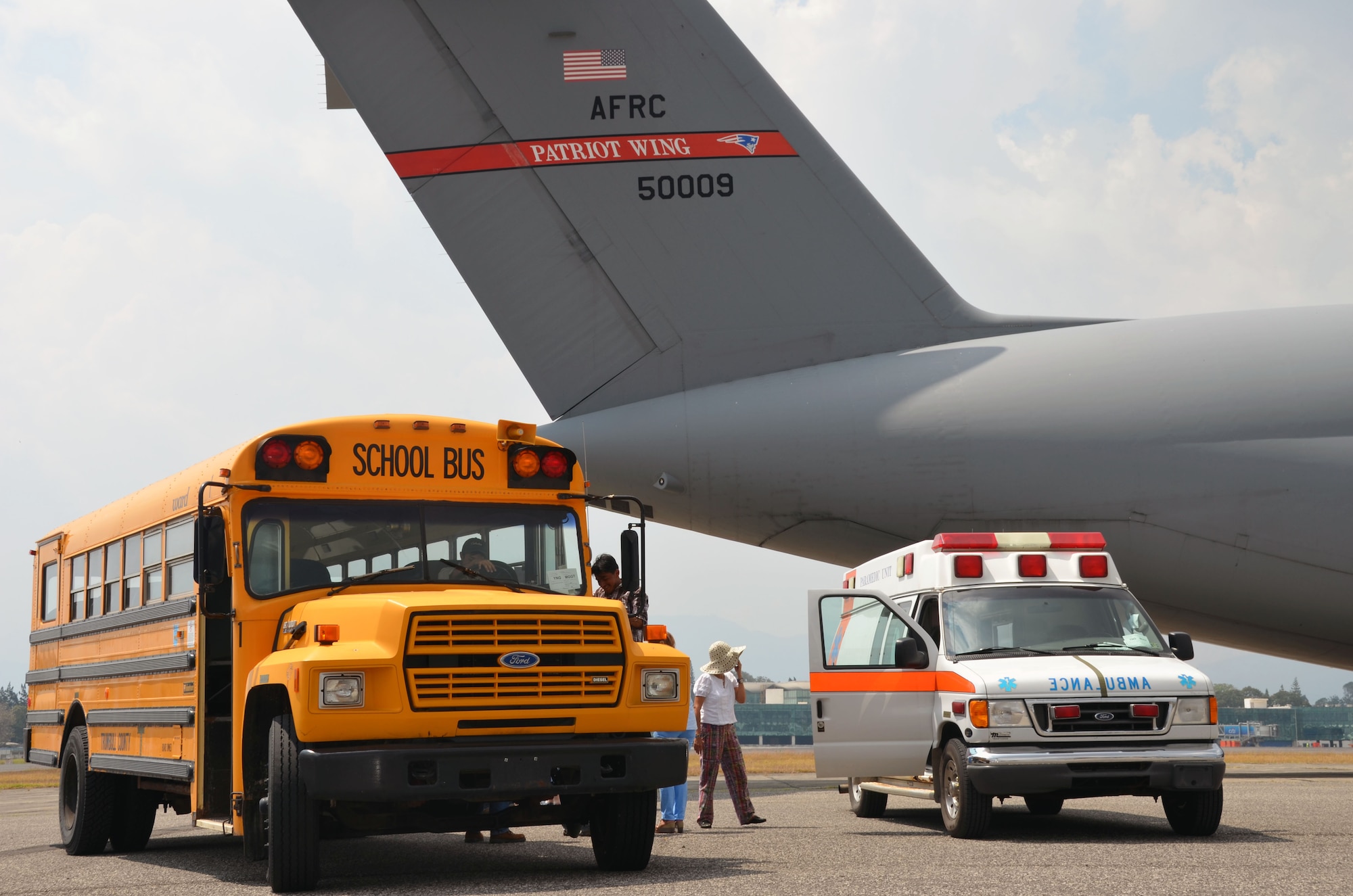 A Westover C-5 and crew delivered 20 tons of humanitarian aid to Guatemala City, Guatemala, March 9. The aid included an ambulance, bus, two pallets of corn, and medical supplies. The corn will service thousands of Mayan Indian families who use the vegetable as their only staple to make tortillas. The ambulance will service 80,000 Mayan Indians as it will be the only one of its kind in the region. The school bus will facilitate transportation for 13,000 Mayan children for education purposes.

Missions like these are made possible by the Denton Amendment, which allows the Air Force to deliver donated humanitarian aid on a space-available basis. This particular mission was coordinated with the Mission of Love Foundation, a non-profit organization based in Austintown, Ohio. (U.S. Air Force photo/SSgt. Kelly Goonan)
