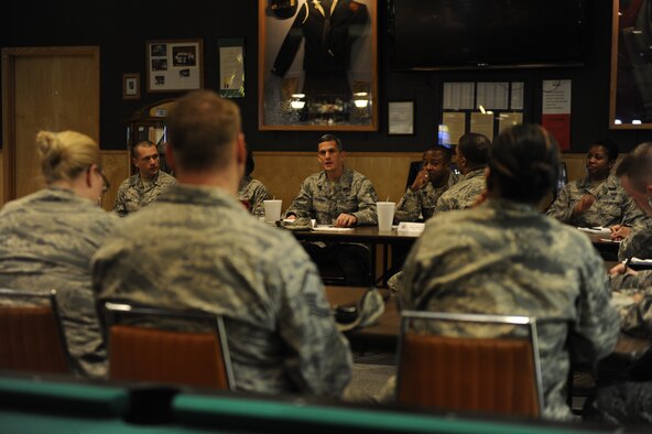 U.S. Air Force Chief Master Sgt. Richard Parsons, Air Combat Command command chief, has lunch at the local Veterans of Foreign War post with members of several Dyess Air Force Base organizations March 5, 2014, in Abilene, Texas. Parsons gave leadership advice and answered questions from representatives of the Airman’s Advisory Counsel and the Air Force Sergeants Association. (U.S. Air Force photo by Airman 1st Class Alexander Guerrero/Released)