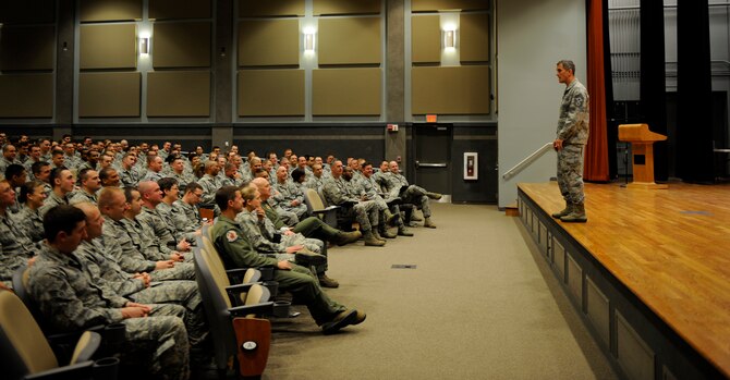 U.S. Air Force Chief Master Sgt. Richard Parsons, Air Combat Command command chief, holds an all-call for the enlisted force March 5, 2014, at Dyess Air Force Base, Texas. Parsons spoke on several important topics such as force management, future overseas contingencies and the need to adapt to the Air Force’s changing climate. (U.S. Air Force photo by Airman 1st Class Alexander Guerrero/Released)
