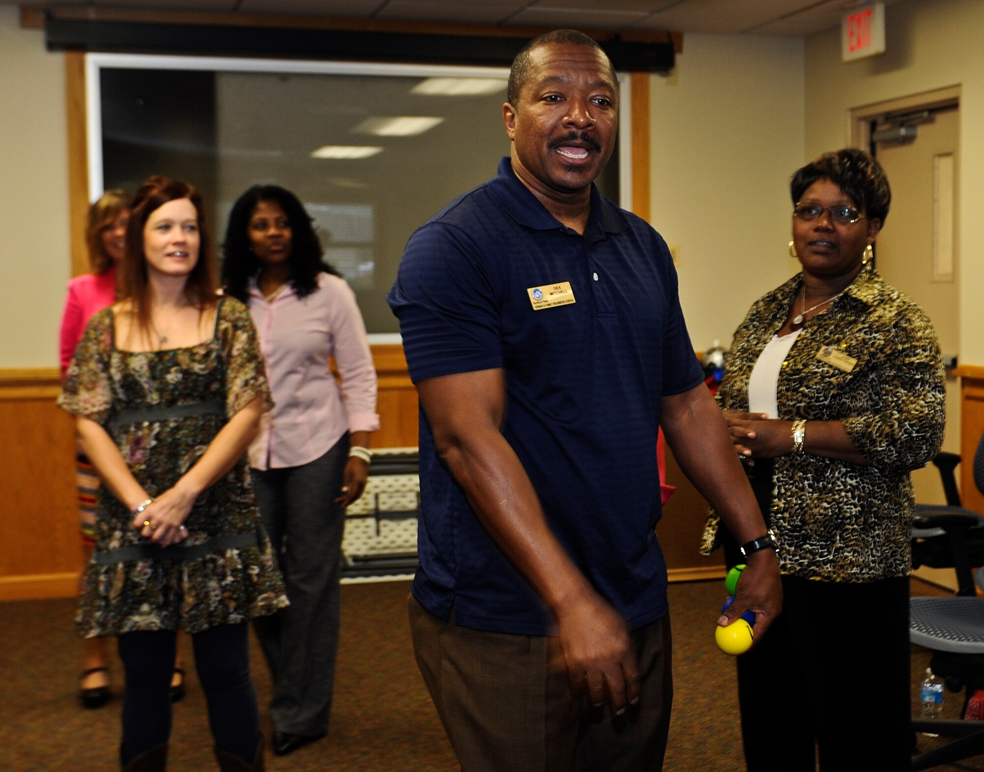 Dexter Mitchell, 1st Special Operations Forces Support Squadron community readiness specialist, explains an exercise to Preservation of the Force and Family providers at the Airman & Family Readiness Center on Hurlburt Field, Fla., March 11, 2014. POTFF is a Special Operations Command initiative focused on helping special operations forces and their families. (U.S. Air Force photo/Senior Airman Michelle Patten)