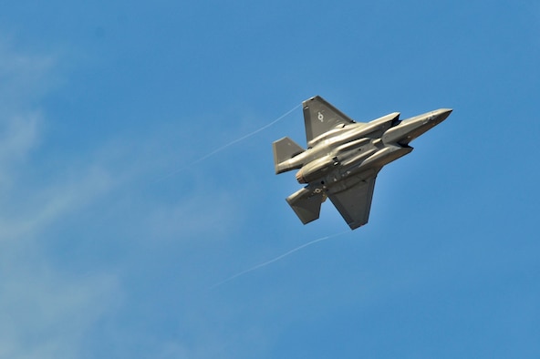 Luke’s first F-35 Lightning II flies overhead before it lands on base for the first time on March 10. The jet is the first of 144 F-35s that will eventually be assigned to the base. (U.S. Air Force photo/Staff Sgt. Darlene Seltmann) 