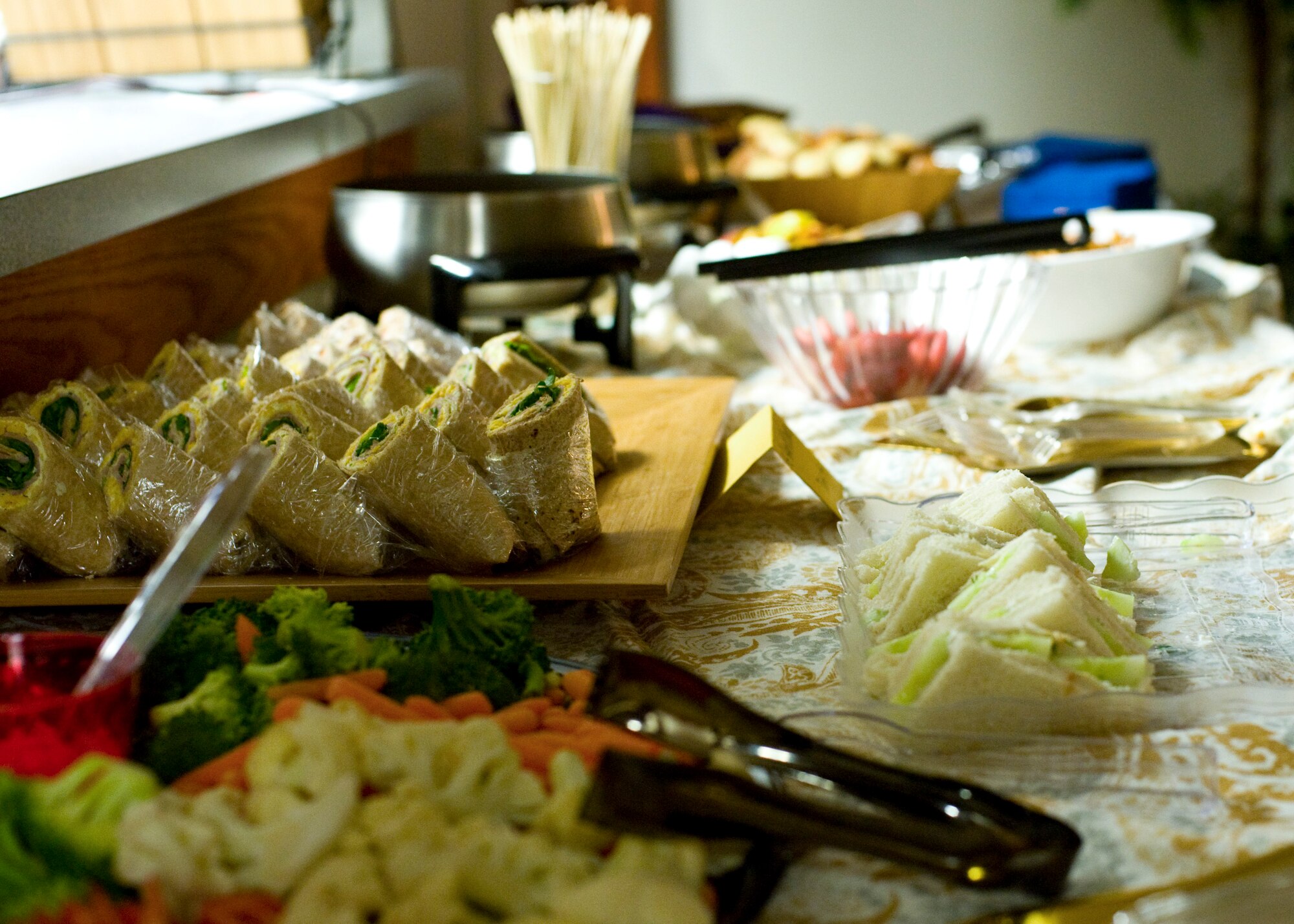 An assortment of food was provided at a spa day event for the spouses of deployed Team Dover Airmen March 7, 2014, at Chapel Two on Dover Air Force Base, Del. This event was organized primarily by the Mission Support Group Key Spouses in combination with all of the Key Spouses on base and the Airman and Family Readiness Center. (U.S. Air Force photo/Airman 1st Class Zachary Cacicia) 