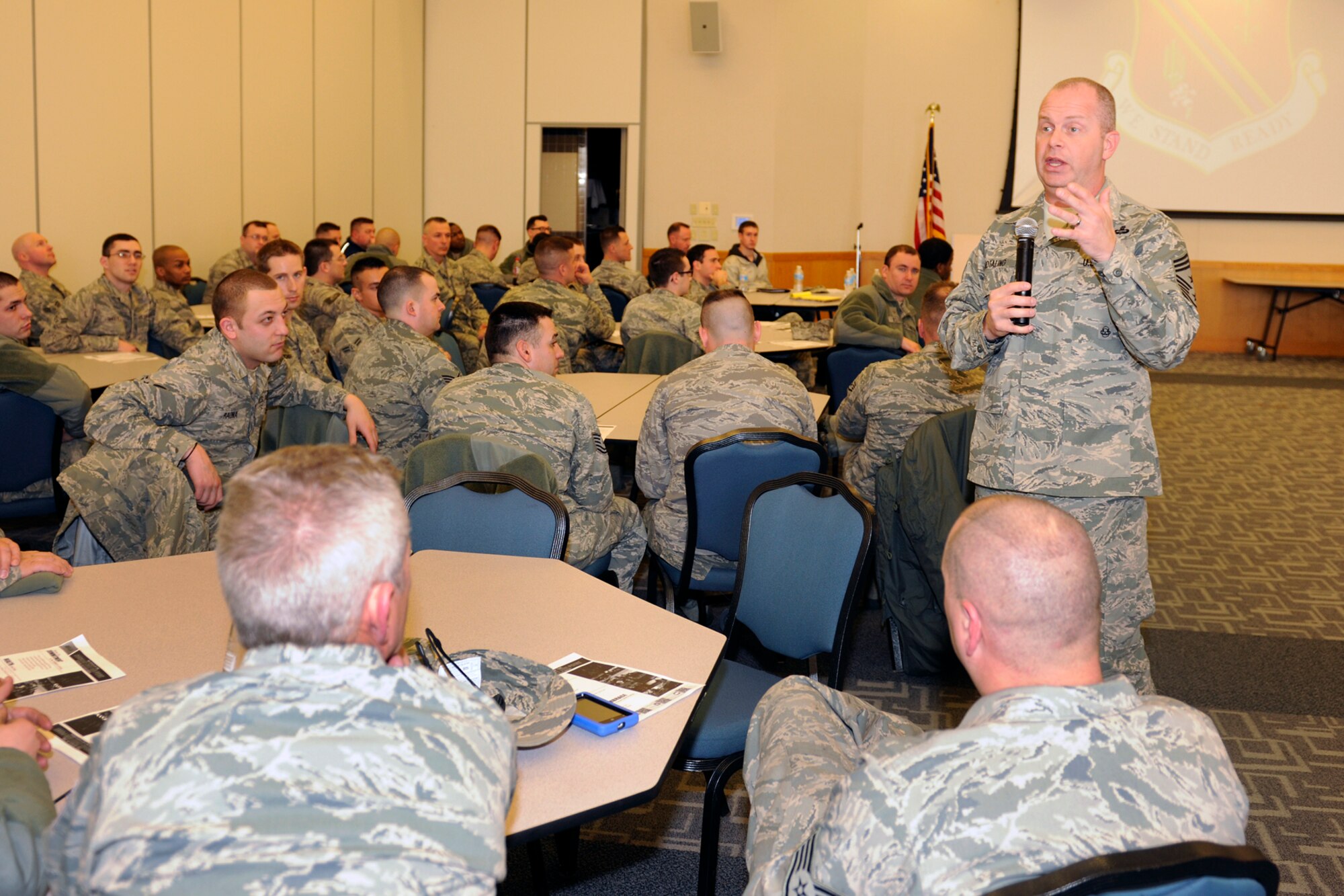 140309-Z-EZ686-026 -- Chief Master Sgt. James Hotaling speaks with enlisted members of the 127th Wing, Michigan Air National Guard, at Selfridge Air National Guard Base, March 8, 2014. Hotaling serves as the command chief of the Air National Guard and is responsible for matters influencing the health, morale and welfare of the roughly 90,000 enlisted Airmen in the Air National Guard and their families. (Air National Guard photo by MSgt. David Kujawa / Released)