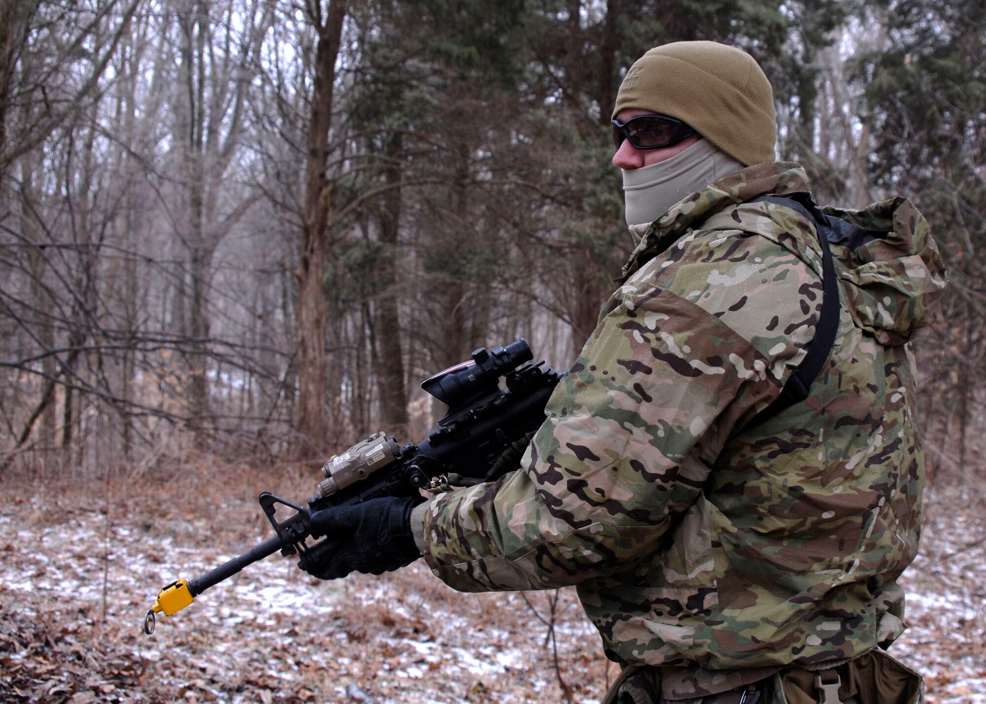 U.S. Air Force Joint Terminal Attack Controller from the 181st Intelligence Wing, 113th Air Support operations Squadron, Indiana Air National Guard during breaching maneuvers Operation Rogue Banshee at Muscatatuck urban Training Center.  The focus of the joint training was Close Air Support incorporation into urban combat operations and other small unit scenarios. (U.S. Air National Guard photo by Airman 1st Class Joe Boals/Released)
