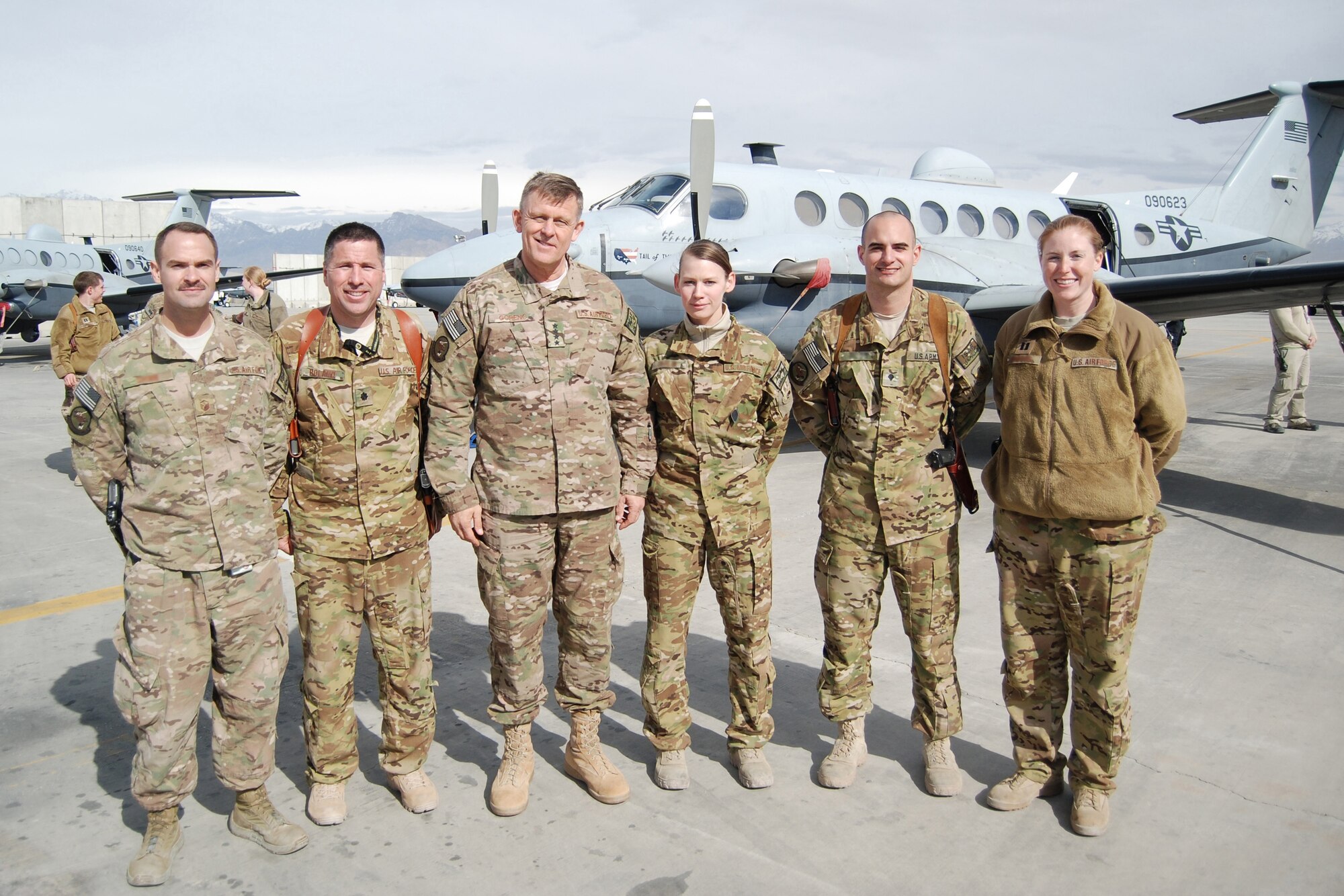 U.S. Air Force Gen. Frank Gorenc, NATO Allied Air Command and U.S. Air Forces in Europe-Air Forces Africa commander, poses for a photo with MC-12W Liberty Airmen during a visit to Bagram Airfield, March 10, 2014. During the visit, Gorenc had lunch with company grade officers, received a tour of the MC-12W squadron and met with 455th Air Expeditionary Wing leadership. (U.S. Air Force photo by Capt. Brian Wagner/Released) (Some last names blurred on photo for operational security.)