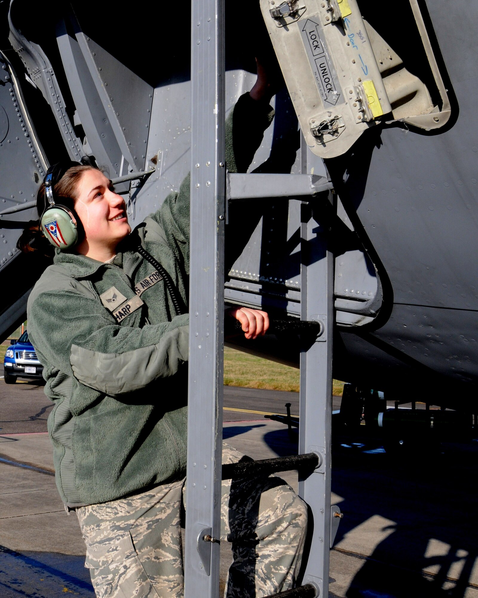 U.S. Air Force Senior Airman Jessica Tharp, 100th Aircraft Maintenance Squadron aerospace propulsion journeyman from Lancaster, Ohio, prepares to board a KC-135 Stratotanker March 4, 2014, on RAF Mildenhall, England. Aerospace propulsion journeymen are specialists who work on jet engines on different aircraft platforms. Their primary function is to perform inspections on the engines to make sure there is nothing wrong or broken. They also diagnose engine malfunctions with fuel and oil as well as electrical and airflow systems. (U.S. Air Force photo by Gina Randall/Released)