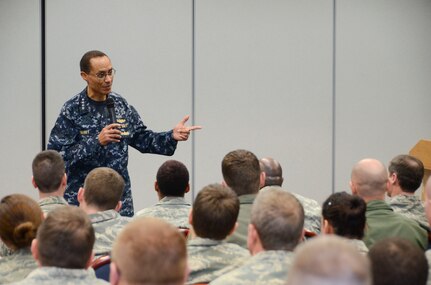 SCOTT AIR FORCE BASE, Ill. (March 11, 2014) Adm. Cecil D. Haney, Commander, U.S. Strategic Command (USSTRATCOM), answers a question from an Airman of the 126th Air Refueling Wing (ARW) during his visit to Scott Air Force Base. USSTRATCOM relies on various task forces for the execution of its global missions, including space operations, information operations, missile defense, global command and control; intelligence, surveillance and reconnaissance (ISR); global strike and strategic deterrence, and combatting weapons of mass destruction. The 126 ARW, assigned to the Illinois Air National Guard, support's USSTRATCOM's global strike and strategic deterrence missions through aerial refueling with the KC-135R Stratotanker to deter regional and strategic threats from adversaries with ground warfare capabilities. (U.S. Air National Guard photo by Master Sgt. Ken Stephens/Released)