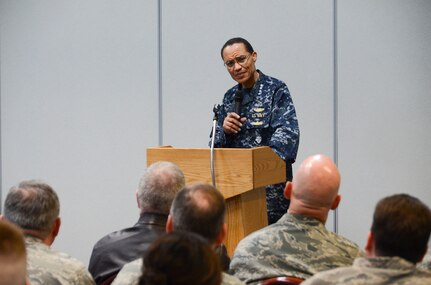 SCOTT AIR FORCE BASE, Ill. (March 11, 2014) Adm. Cecil D. Haney, Commander, U.S. Strategic Command (USSTRATCOM), listens to a question from an Airman of the 126th Air Refueling Wing (ARW) during his visit to Scott Air Force Base. USSTRATCOM relies on various task forces for the execution of its global missions, including space operations, information operations, missile defense, global command and control; intelligence, surveillance and reconnaissance (ISR); global strike and strategic deterrence, and combatting weapons of mass destruction. The 126 ARW, assigned to the Illinois Air National Guard, support&#039;s USSTRATCOM&#039;s global strike and strategic deterrence missions through aerial refueling with the KC-135R Stratotanker to deter regional and strategic threats from adversaries with ground warfare capabilities. (U.S. Air National Guard photo by Master Sgt. Ken Stephens/Released)