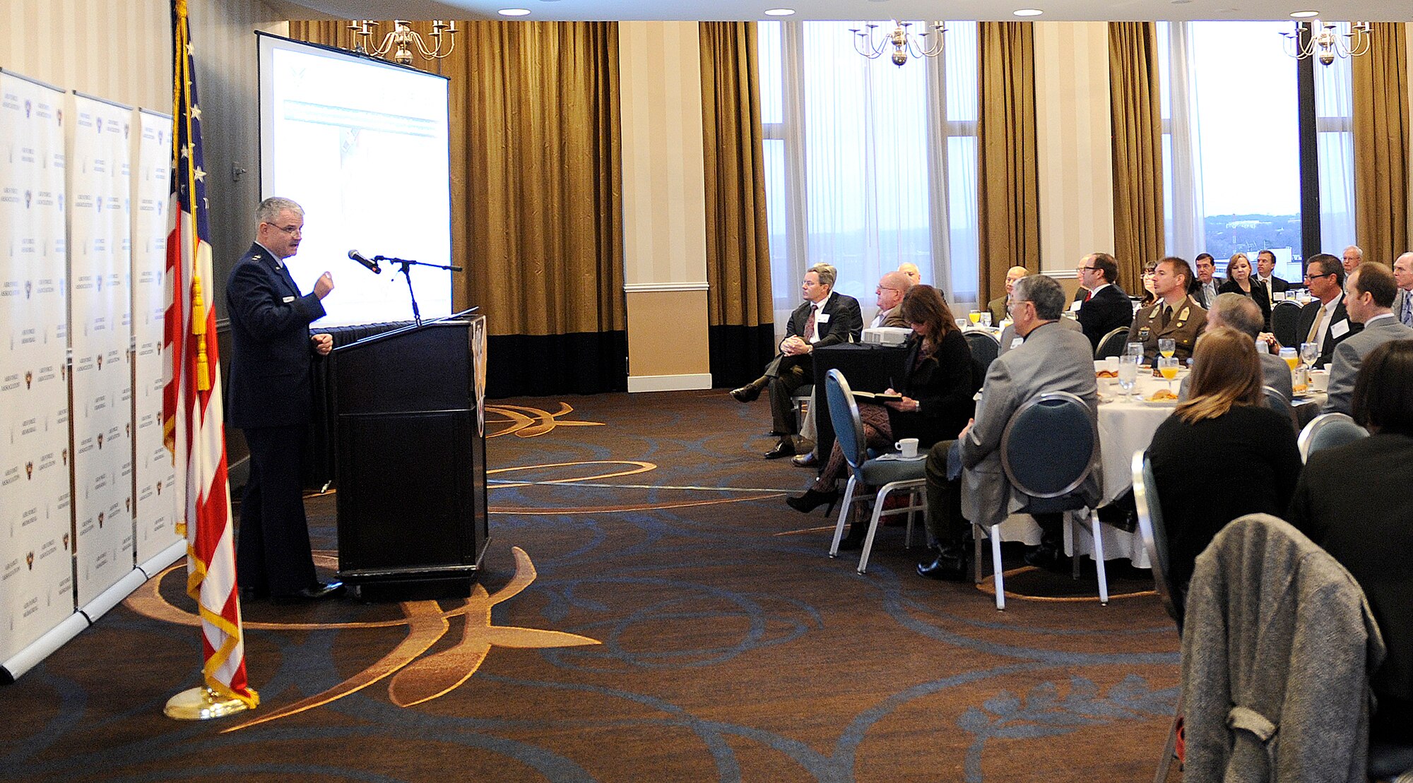 Maj. Gen. James F. Martin Jr., Assistant Secretary of the Air Force for Financial Management and Comptroller deputy assistant secretary for budget, briefs Air Force Association members on the 2015 Air Force budget during an AFA breakfast in, Arlington, Va. March 11, 2014. (U.S. Air Force photo/Andy Morataya)
