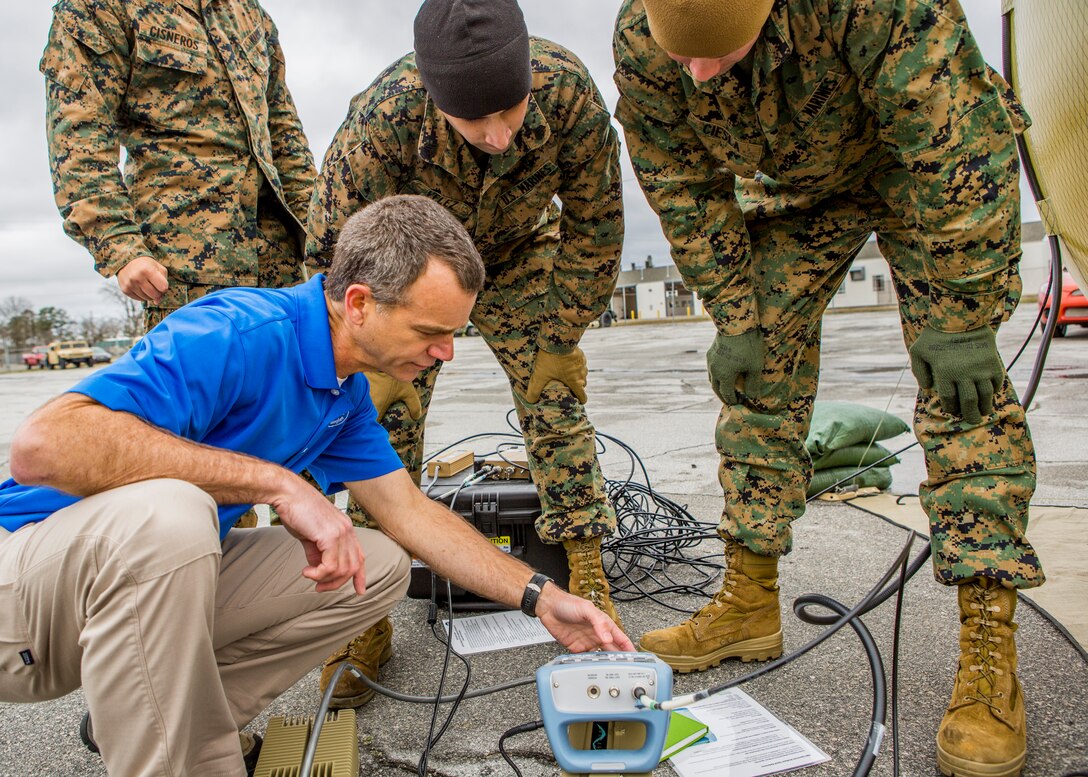U.S. Marines assigned to the 26th Marine Expeditionary Unit (MEU) receive instruction from a ground to air transmit and receive (GATR) technologies employee during a demonstration aboard Camp Lejeune, N.C., March 7, 2014. The 26th MEU communications and data Marines conducted the training and a proficiency examination on the equipment to enhance their expeditionary readiness. (U.S. Marine Corps photo by Lance Cpl. Joshua W. Brown/Released) 