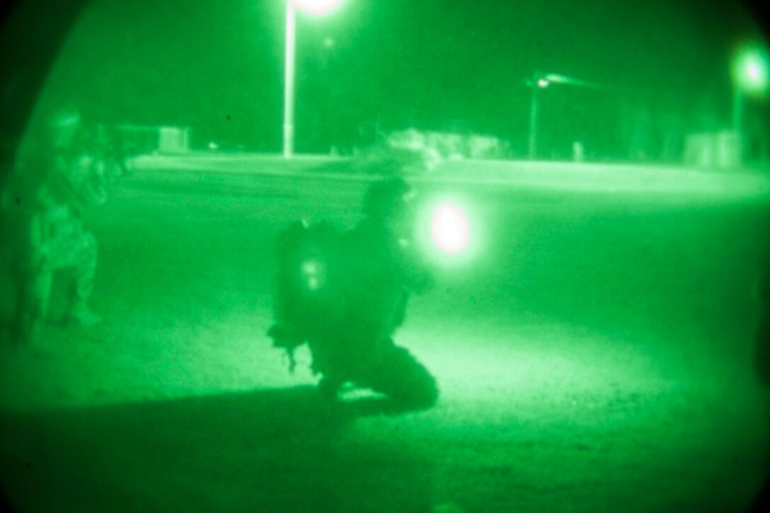 Marines and sailors with Company G, Battalion Landing Team 2nd Battalion, 5th Marines, 31st Marine Expeditionary Unit, engage enemy role-players during a simulated night raid at an airfield on Ie Shima Island, Okinawa, Mar. 10. The raid force captured an airstrip and village from simulated enemy forces under the cover of darkness. The 31st MEU is currently conducting amphibious integration training alongside Amphibious Squadron 11 while deployed for its regularly scheduled Spring Patrol.