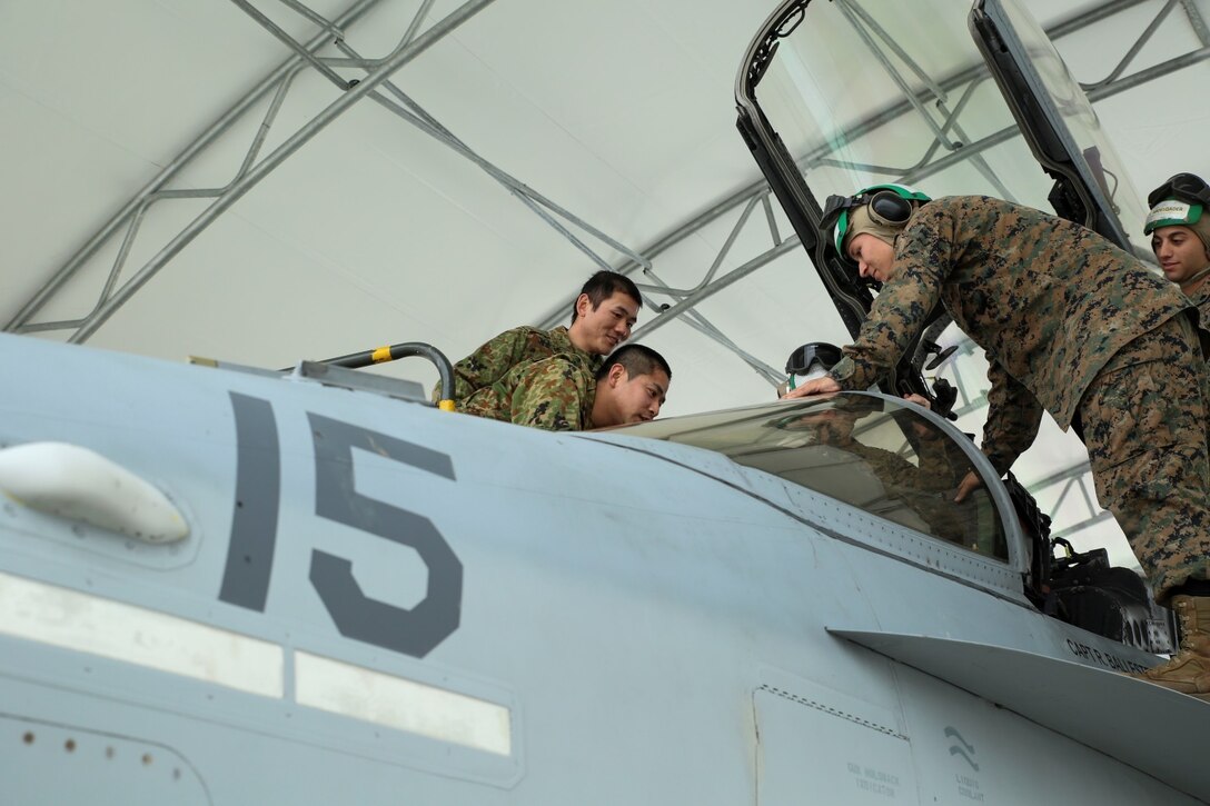 Members of the Japan Ground Self-Defense Force look in the cockpit of an F/A-18D Hornet, Feb. 27, 2014, during an English clinic aboard Marine Corps Air Station, Japan. The F/A-18D Hornet is with Marine All-Weather Fighter Attack Squadron 224 from MCAS Beaufort, S.C. as part of the Unit Deployment Program.