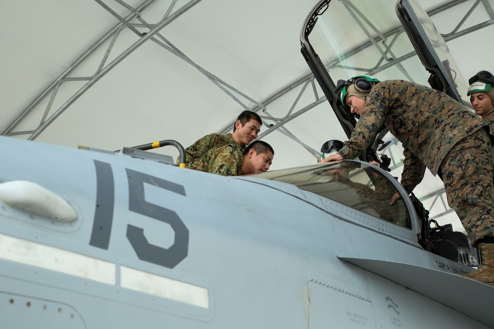 Members of the Japan Ground Self-Defense Force look in the cockpit of an F/A-18D Hornet, Feb. 27, 2014, during an English clinic aboard Marine Corps Air Station, Japan. The F/A-18D Hornet is with Marine All-Weather Fighter Attack Squadron 224 from MCAS Beaufort, S.C. as part of the Unit Deployment Program.