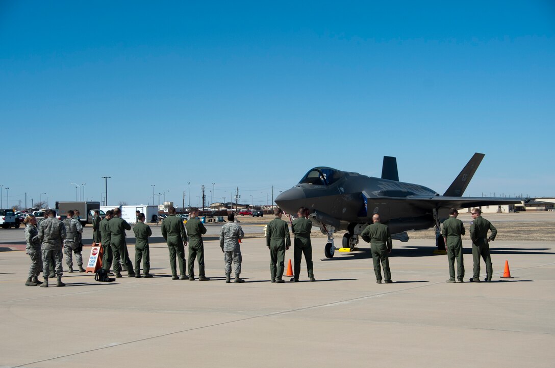 Airmen get up close with the F-35 Lightning II at Sheppard Air Force Base, Texas ,March 11, 2014. The aircraft arrived at Sheppard from Eglin Air Force Base, Fla., as part of a hurricane evacuation exercise that would allow aircraft from Eglin to migrate to Sheppard if threatened by a hurricane. (U.S. Air Force photo/Airman 1st Class Robert L. McIlrath)
