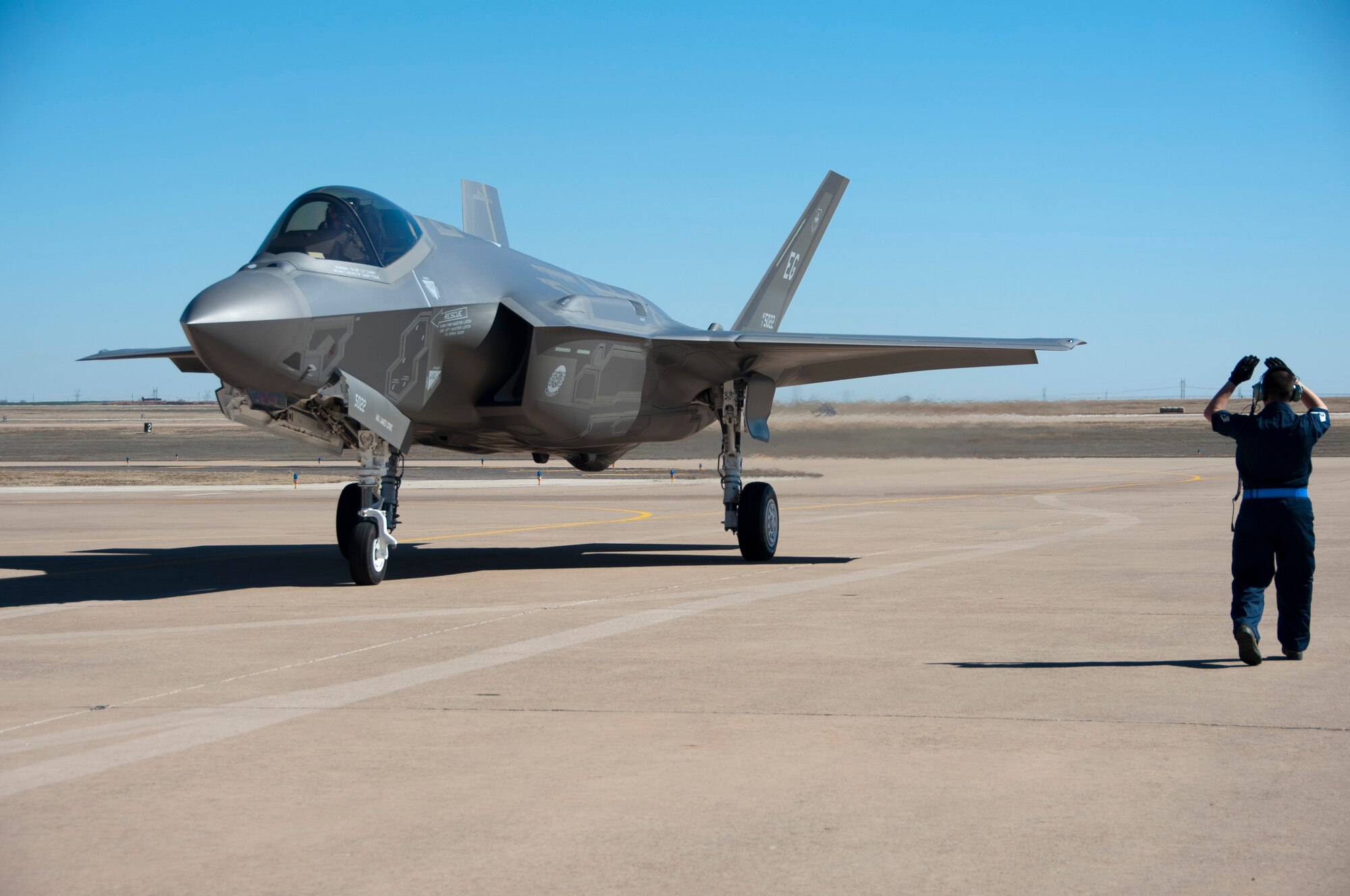 Royal Netherlands Air Force Maj. Vijge Laurens-Jan taxis the F-35 Lightning II at Sheppard Air Force Base, Texas, March 11, 2014. The aircraft is part of a hurricane evacuation exercise from the 33rd Fighter Wing, Eglin Air Force Base, Fla.. The exercise is to test the viability of Sheppard as a location for the fleet of F-35’s to evacuate the emerald coast in the event of a hurricane. (U.S. Air Force photo/Airman 1st Class Robert L. McIlrath)