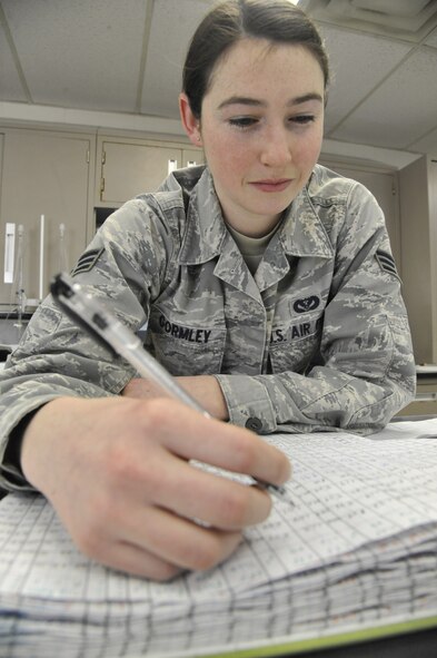 U.S. Air Force Senior Airman Jenifer Gormley, 509th Civil Engineer Squadron water and fuels maintenance journeyman, logs test results into a chemical analysis book at Whiteman Air Force Base, Mo., Feb. 27, 2014. The water plant team keeps records of all test results for state inspections and future reference. (U.S. Air Force photo by Airman 1st Class Keenan Berry/ Released)