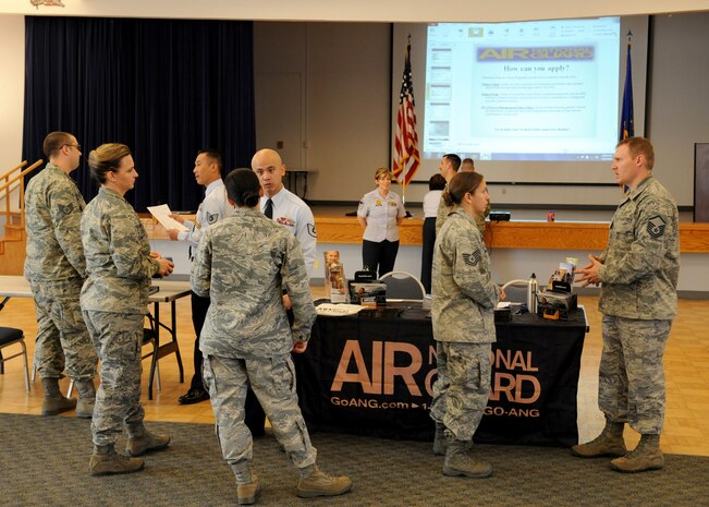 In-service recruiters speak to Airmen about career opportunities with the Air National Guard at a job fair at Beale Air Force Base, Calif., March 12, 2014. Whether a service member is currently an active-duty member of the armed forces, or honorably separated from a branch of service, they can obtain a career with the Air Guard. (U.S. Air Force photo by Airman 1st Class Bobby Cummings/Released)