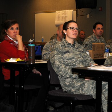 The 133rd Airlift Wing’s human resource advisor and Wing Culture Council, held a special brown bag lunch and guest speaker in St. Paul, Minn., Feb. 23, 2014. Airmen from the Wing took time out of their busy day to listen to Andre Koen, a diversity trainer in Minnesota, who presented an informative and interactive program on developing cultural competencies. (U.S. Air National Guard photo by Senior Airman Kari Giles/Released)