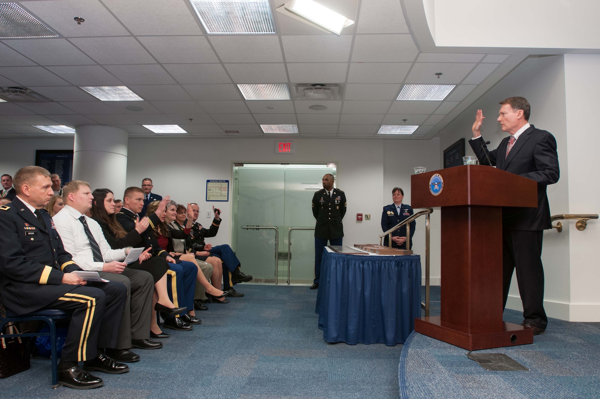 John Hastings, Deputy Assistant Secretary of Defense Reserve Affairs for Resources, delivers opening remarks during the 2013 DoD Reserve Family Readiness Award ceremony at the Pentagon Hall of Heroes, Feb. 28, 2014. The DoD Reserve Family Readiness Award recognizes one National Guard and Reserve unit from each of the seven Reserve components with the best programs to support military families. (U.S. Navy photo by Petty Officer Second Class Armando Gonzales/Released)