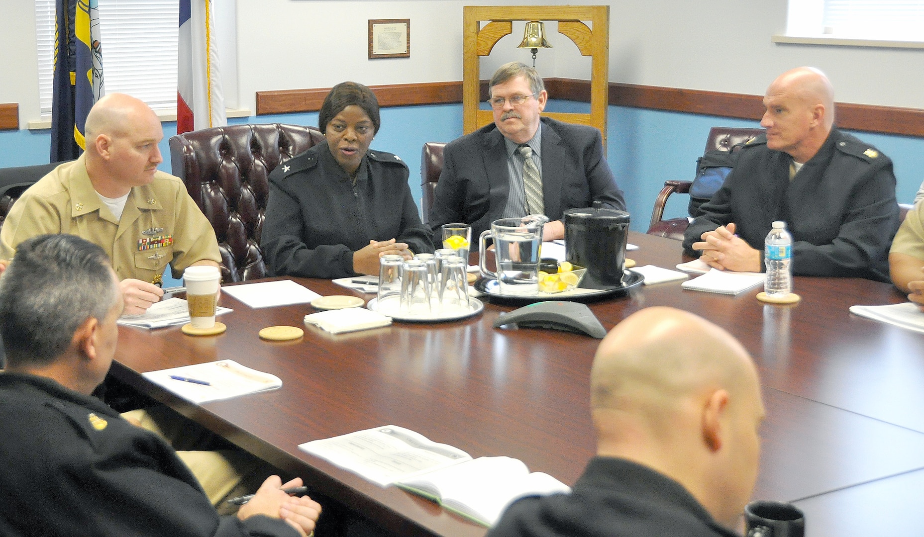 Photo by Burrell Parmer
Rear Adm. Annie B. Andrews, commander, Navy Recruiting Command, speaks with recruiters and support personnel of Navy Recruiting District San Antonio during her Feb. 26 visit. Andrews was accompanied by Master Chief Jimmie A. Holt, Jr., NRC
national chief recruiter, and John Curry, NRC deputy for logistics.