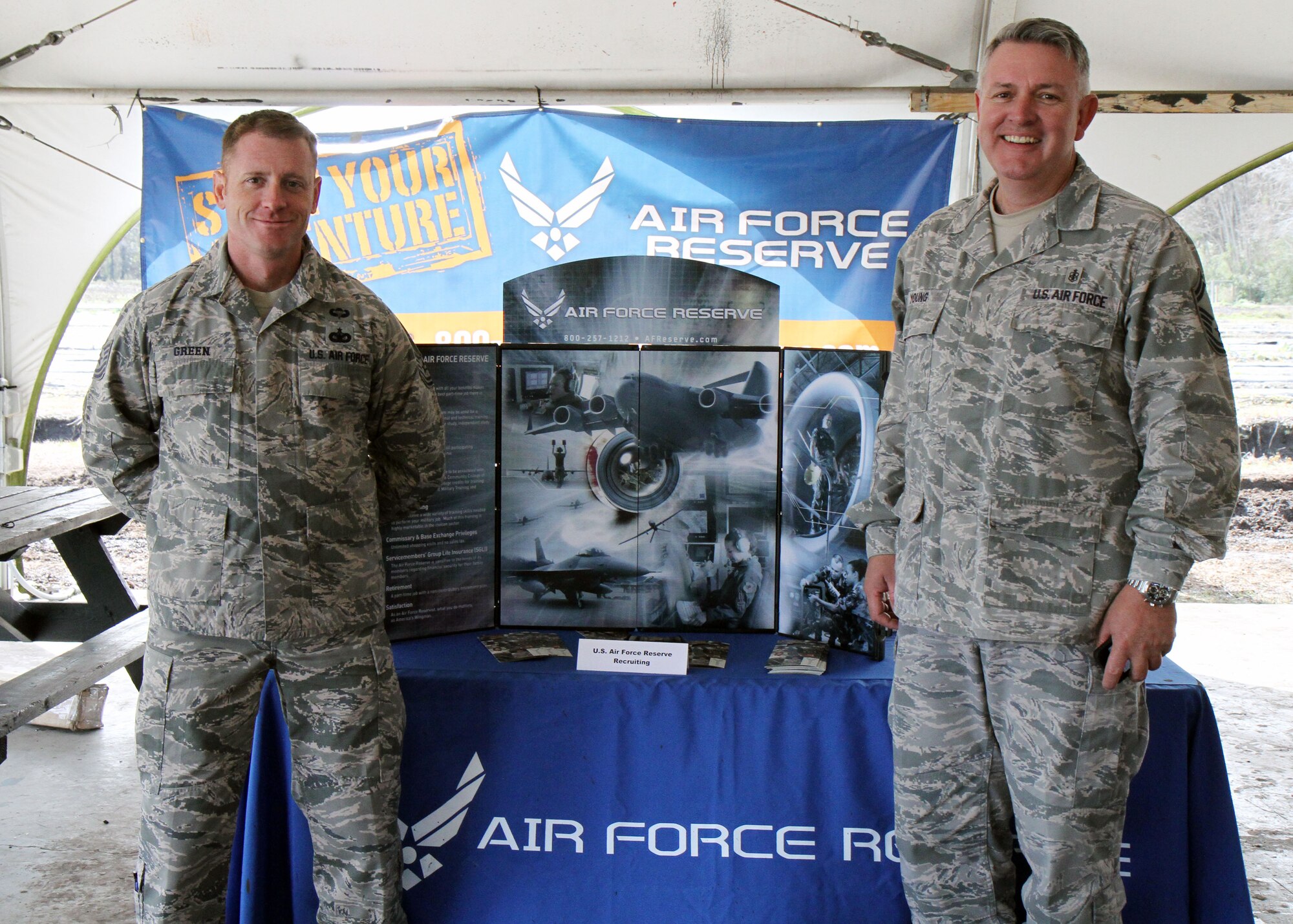 Reserve recruiters serving with the 315th Airlift Wing at Joint Base Charleston, S.C., man their information booth at the Rugged Maniac 5K mud run held March 8, 2014, at Boone Hall Farms in Mount Pleasant, S.C. The recruitment team helped sponsor the obstacle-type challenge course and were on hand at the event to support the Reserve “Mudruckers” and encourage race participants to enlist in the Air Force Reserve. (U.S. Air Force photo by Senior Airman Meredith A. H. Thomas). Thomas)