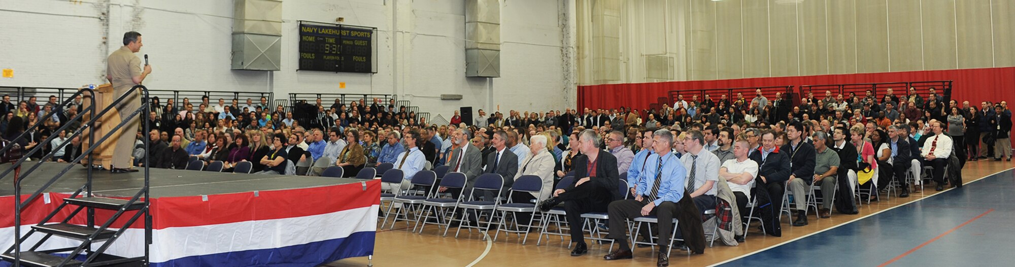 Vice Adm. David Dunaway, Naval Air Systems Command commander, addresses the Lakehurst workforce during the Mar 11, 2014 Town Hall meeting at Joint Base McGuire-Dix-Lakehurst, N.J.(U.S. Navy photo by Sherry Jacob/Released)