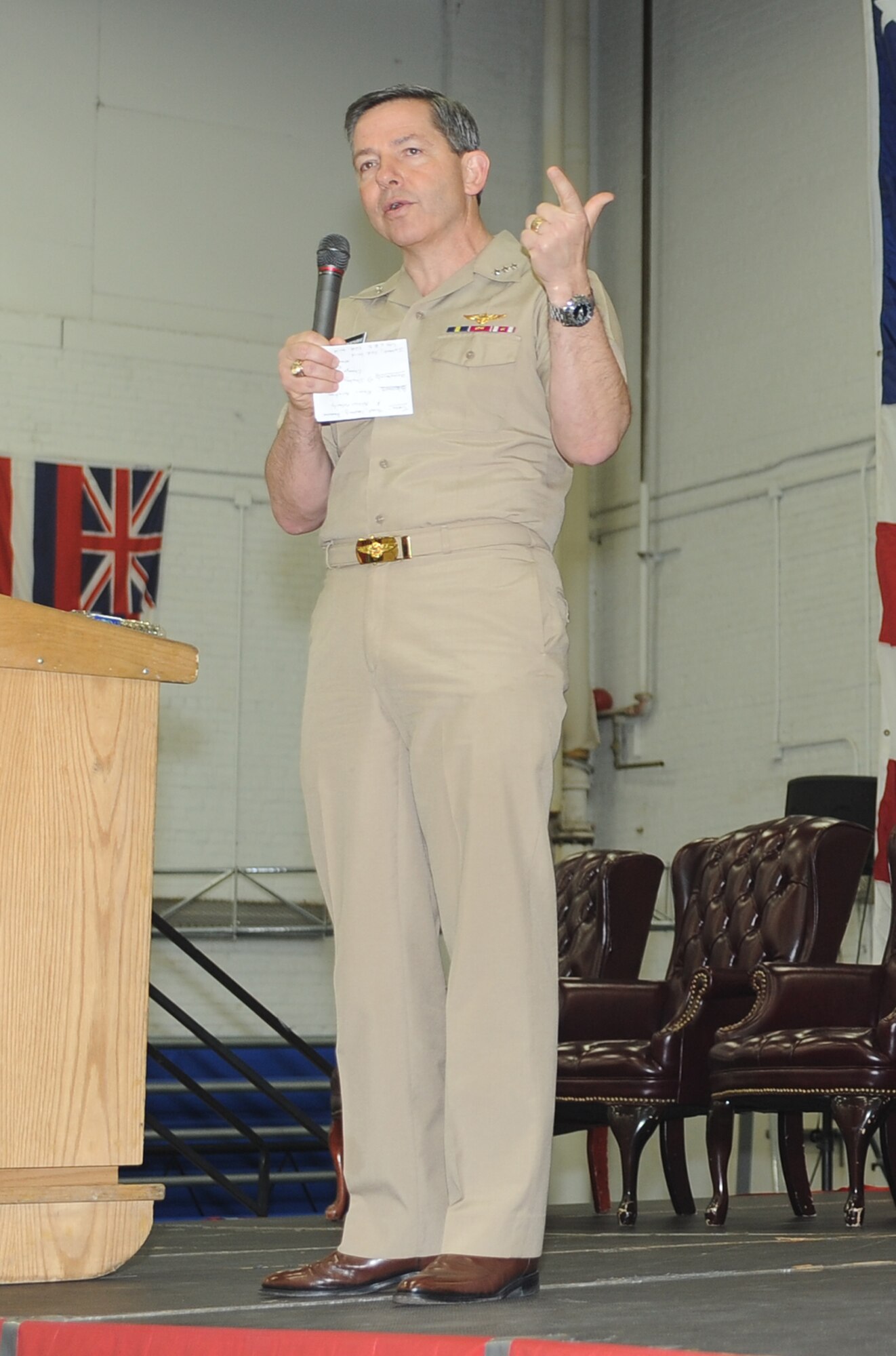 Vice Adm. David Dunaway, Naval Air Systems Command commander, talks to the NAVAIR Lakehurst workforce during a Town Hall meeting at the fitness center at Joint Base McGuire-Dix-Lakehurst, N.J., on Mar 11, 2014. (U.S. Navy photo by Sherry Jacob/Released)