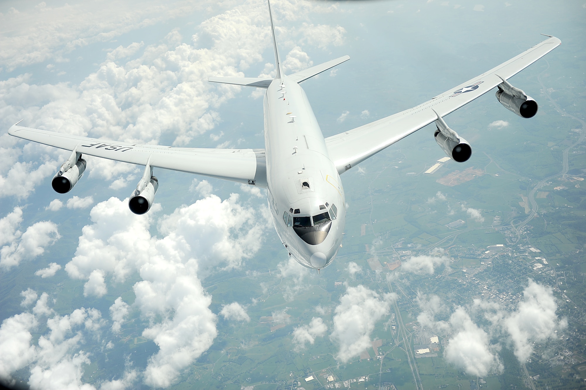 An E-8C Joint STARS from the 116th Air Control Wing, Robins Air Force Base, Ga., pulls away, May 1, 2012 after refueling from a KC-135 Stratotanker with the 459th Air Refueling Wing, Joint Base Andrews, Md. The E-8C Joint Surveillance Target Attack Radar System, or Joint STARS, is an airborne battle management, command and control, intelligence, surveillance and reconnaissance platform. Its primary mission is to provide theater ground and air commanders with ground surveillance to support attack operations and targeting that contributes to the delay, disruption and destruction of enemy forces. (U.S. Air Force photo by Master Sgt. Jeremy Lock/Released)


