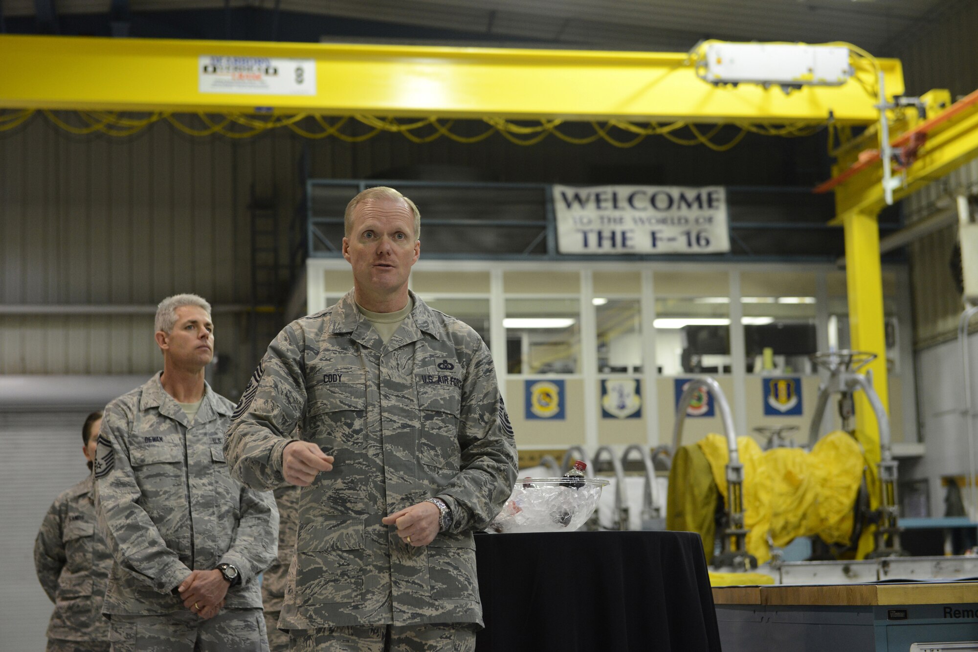 Chief Master Sergeant of the Air Force James A. Cody, speaks with Airmen from 138th Fighter Wing, Tulsa Air National Guard, March 7,  2014.  Cody and his wife Athena, along with Air Force Chief of Staff Gen. Mark A. Welsh III and his wife, Betty, held an Airman’s Call and luncheon during their visit.  (U.S. National Guard photo by Senior Master Sgt.  Preston L. Chasteen/Released)
