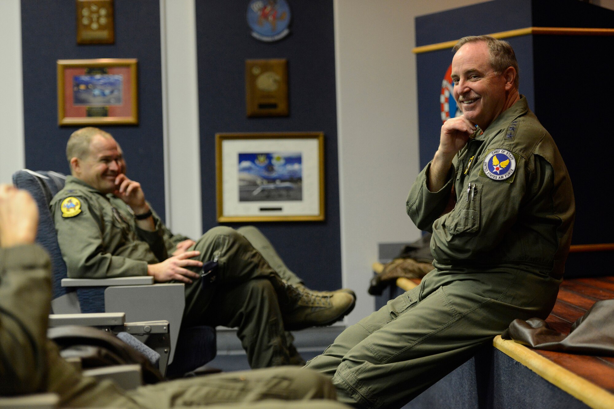Air Force Chief of Staff Gen. Mark A. Welsh III speaks with pilots of the 125th Fighter Squadron at a town hall meeting during his visit to the 138th Fighter Wing, Tulsa Air National Guard, March 7, 2014.  Welsh and his wife, Betty, along with Chief Master Sergeant of the Air Force James A. Cody and his wife, Athena, held an Airman’s Call and luncheon during their visit.   (U.S. National Guard photo by Master Sgt.  Mark A. Moore/Released)