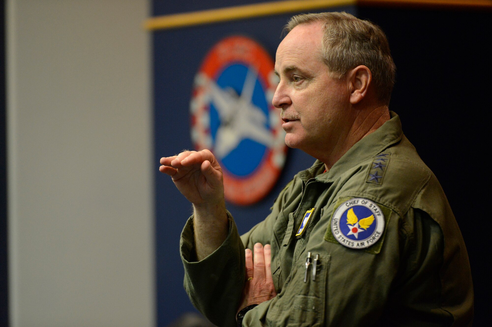 Air Force Chief of Staff Gen. Mark A. Welsh III speaks with pilots of the 125th Fighter Squadron at a town hall meeting, during his visit to the 138th Fighter Wing, Tulsa Air National Guard, March 7, 2014.  Welsh and his wife, Betty, along with Chief Master Sergeant of the Air Force James A. Cody and his wife, Athena, held an Airman’s Call and luncheon during their visit.   (U.S. National Guard photo by Master Sgt.  Mark A. Moore/Released)