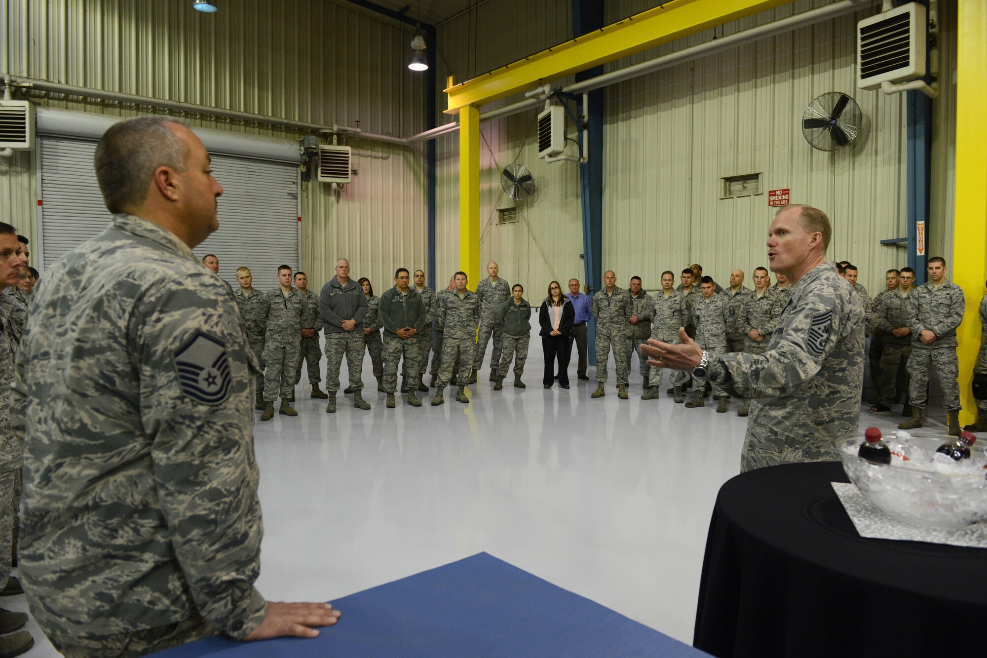 Chief Master Sergeant of the Air Force James A. Cody, speaks with Airmen from 138th Fighter Wing, Tulsa Air National Guard, during his visit, March 7,  2014.  Cody and his wife Athena, along with Air Force Chief of Staff, Gen. Mark A. Welsh III and his wife, Betty, held an Airman’s Call and luncheon during their visit.  (U.S. National Guard photo by Senior Master Sgt.  Preston L. Chasteen/Released)